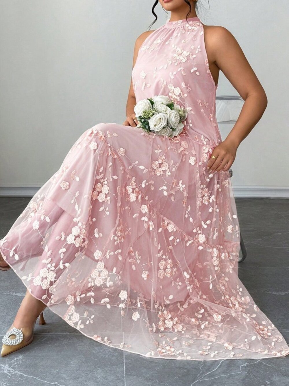 Pink Elegant Women's Plus Size Halter Dress - Picture 7 of 7